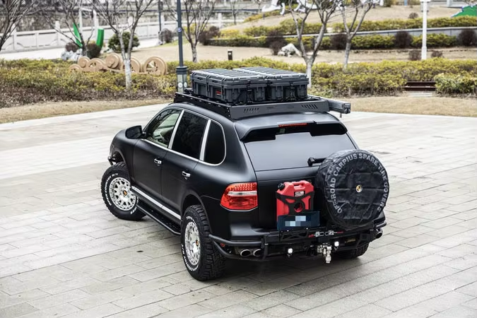 Vipera Pavement customizable color Gen 1 Cayenne Rear Tubular Swing-Out Tire Bumper with Spare Tire and Jerry Can Mounts
