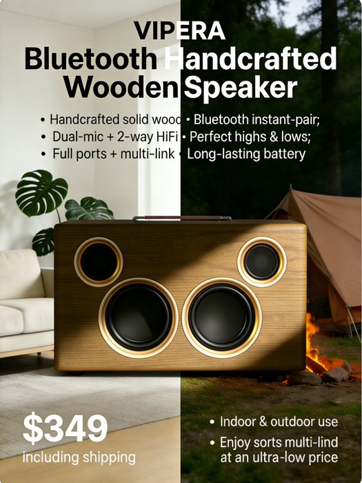 VIPERAOUTDOOR HIFI Wireless Bluetooth Luxury Handmade Wooden Speaker — 2-Way, Ultra-Long Battery, Dual Mic Support, Indoor & Outdoor